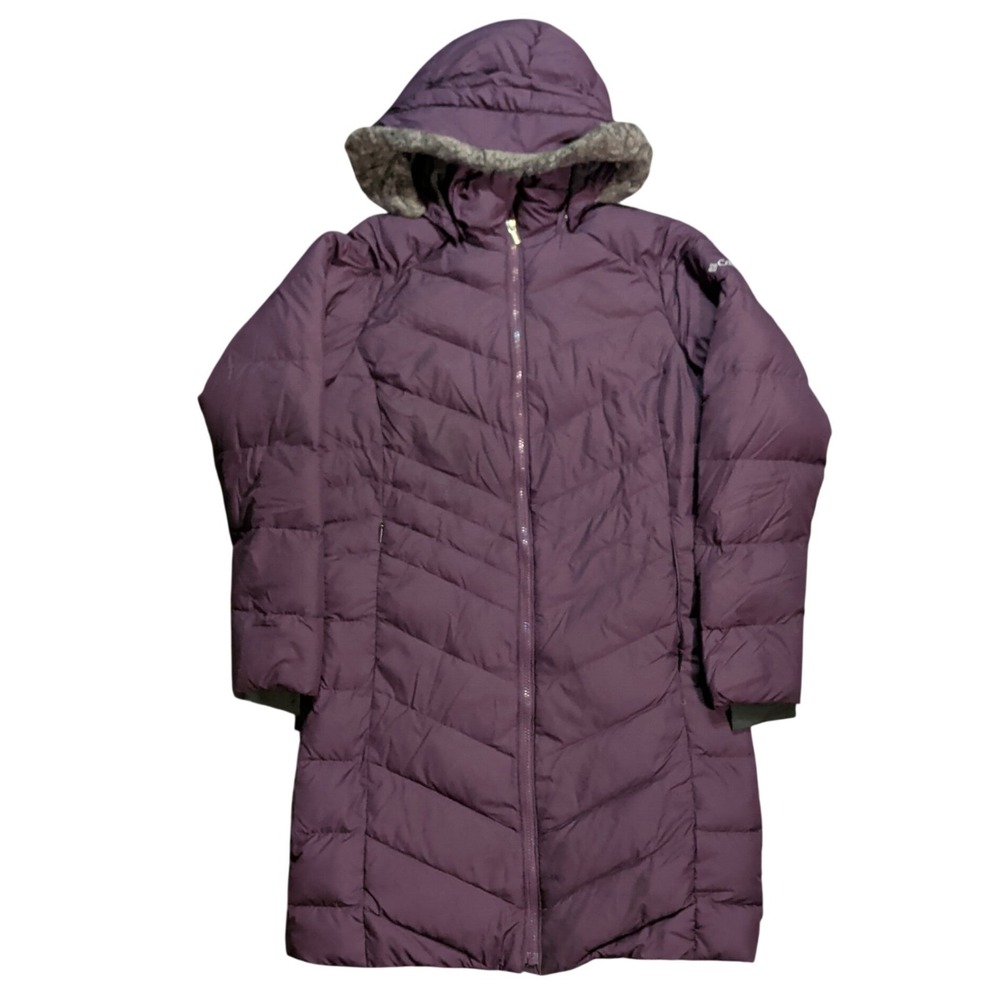 Columbia Down Parka Jacket Womens Size S Purple Quilted Long Coat Faux Fur Hood